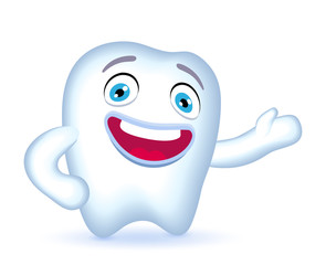 Cartoon Tooth Character with hand on his hip  showing somewhere