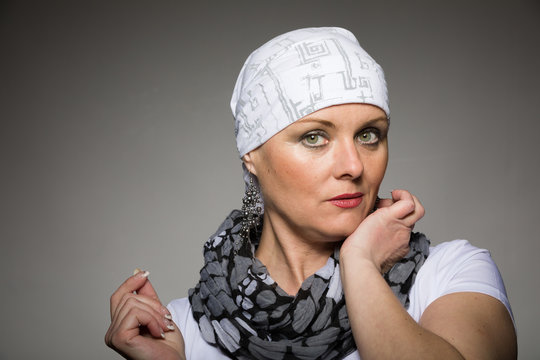 beautiful woman cancer patient wearing headscarf