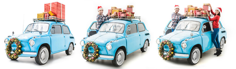 man and woman with christmas gifts on car