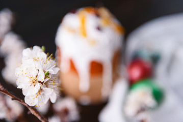 classic Slavic Easter cakes with Easter eggs in a wicker basket