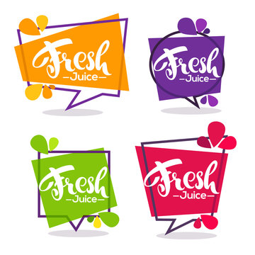 vector collection of bright geometric frames  stickers, emblems and banners for fruit and berry fresh juice