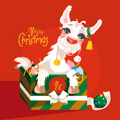 Adorable, cute, cartoon Christmas llama character. Llama in the gift box with Christmas toys (balls) and confetti with bell on the ear. Christmas greeting card