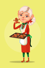 Adorable, cute, cartoon, flat character grandmother (grandma) in a Christmas dress and with cooked, fresh baked Gingerbread man cookies