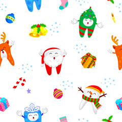 Tooth characters with Christmas elements design, seamless pattern. Merry Christmas and happy new year celebration. Illustration isolated on white background.
