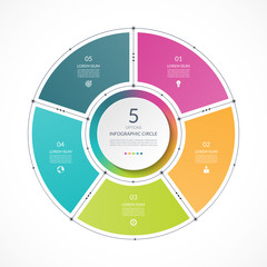 Infographic circle in thin line flat style. Business presentation template with 5 options, parts, steps. Can be used for cycle diagram, graph, round chart.