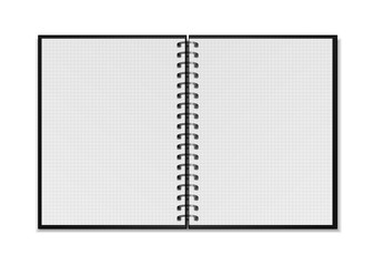 Black open realistic spiral notepad mockup with square grid sheets on white