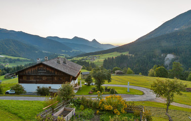 Western Carinthia Alpine village sunrise landscape, Austria.
