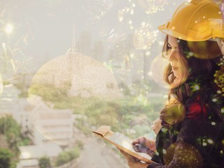 double exposure business Asia women and Christmas background