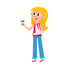 Young pretty blond woman with broken arm in sling holding coffee cup, cartoon vector illustration isolated on white background. Funny cartoon, comic style woman with broken arm and paper coffee cup