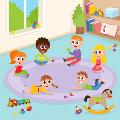 vector flat boys and girls sitting, lying at carpet playing with train, cubics, wooden rocking horse toys and ball smiling and chating in kindergarten . Isolated illustration on a white background.