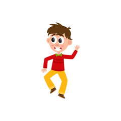 vector flat cartoon children at summer camp concept. Boy having fun dancing at party, jumping in pullover with bowtie. Isolated illustration on a white background.
