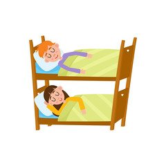 Obraz na płótnie Canvas vector flat cartoon children at summer camp concept. Girl and boy kid having rest sleeping in bunk bed under blanket. Isolated illustration on a white background.