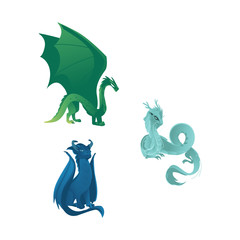 Set of three dragon characters, mythical creatures with wings, whiskers and horns, flat vector illustration isolated on white background. Group of dragon creatures with wings, horns and long tails