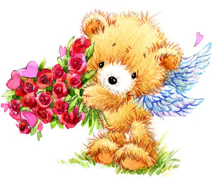 Cute teddy bear. Love you card. Valentines day watercolor background.