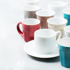 Different empty tea and coffee mugs and cups for breakfast