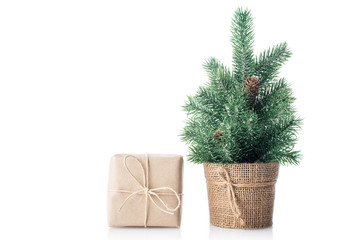 Christmas tree with gift isolated on white