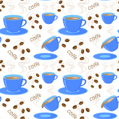 Seamless pattern with a blue cup of hot coffee, steam, aroma and coffee beans