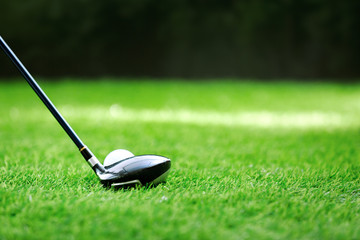 Golf club and ball on green grass
