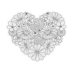 Floral heart shape doodle style. Coloring book page. Ornate black line cute Valentine day background with flower.