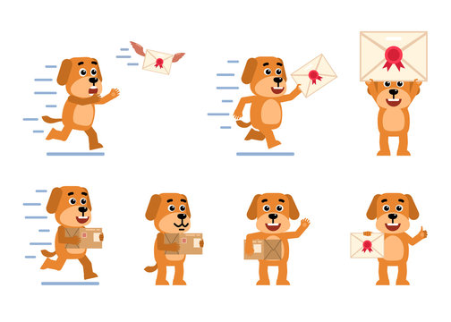 Set of funny yellow dog characters posing with letter and parcel box in different situations. Cheerful dog holding letter, package, running and showing other actions. Flat style vector illustration
