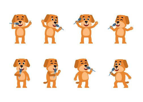Set of funny yellow dog characters posing with microphone in different situations. Cheerful dog karaoke singing. Flat style vector illustration