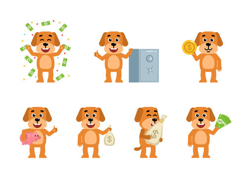 Set of funny yellow dog characters posing with money in different situations. Cheerful dog holding money bag, piggy bank, coin and showing other actions. Flat style vector illustration