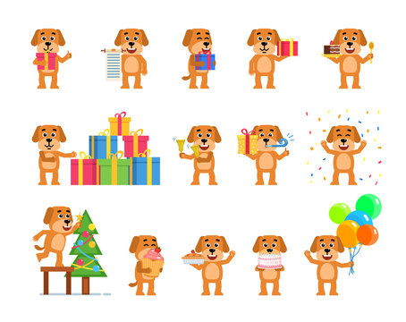 Set of funny yellow dog characters celebrating New Year, Christmas, birhtday. Cheerful dog holding balloons, decorating Christmas tree and showing other actions. Flat style vector illustration