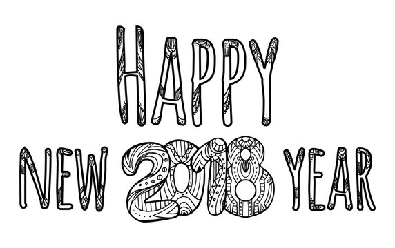 Congratulatory inscription. Happy New Year. Vector element with a boho pattern. 2018 year. Coloring for adult - Powered by Adobe