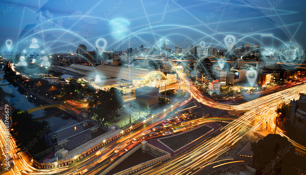 Poster smart city and internet wireless communication network with icon