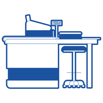 supermarket paypoint with cash register in blue silhouette