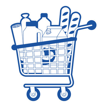 supermarket shopping cart with foods sausage bread and drinks juice and water bottle and milk carton in blue silhouette