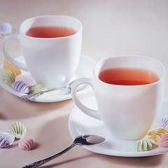 two white cups of tea with colorful meringue