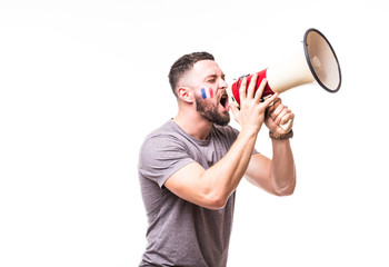 Scream on megaphone France football fan in game supporting of France national team on white...