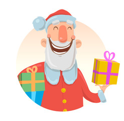 Christmas card with funny Santa Claus smiling. Santa Claus brings presents in boxes. Isolated on white background. Round design element. Cartoon character vector illustration.