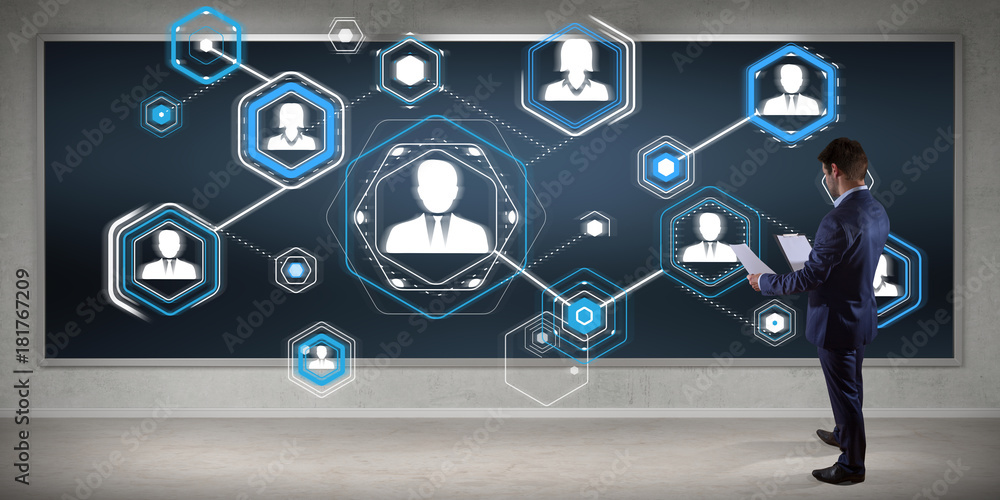 Poster Businessman using social network interface on a board 3D rendering