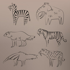 Cave drawing. Animals: mammoth, wolverine, hyena, anteater, tiger, zebra. Design vector illustration. Isolated on grey background.