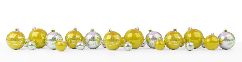 Gold and white christmas baubles lined up 3D rendering