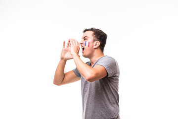 Portrait of France football fan scream laud support France national team on white background. Football fans concept.