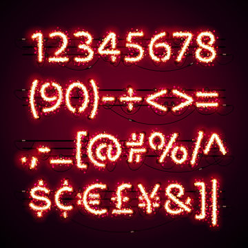 Glowing Neon Red Numbers with Glitter on Dark