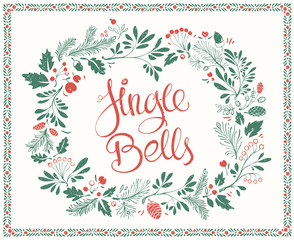 Hand drawn Christmas Floral Frames with Shabby Texture and Lettering Jingle Bells