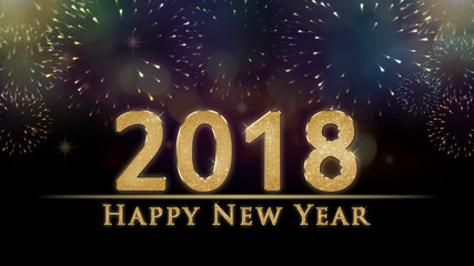 2018 New Year's eve illustration, card with colorful fireworks and sparkling, golden glitter Happy New Year text on black background.