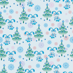 Fototapeta na wymiar Funny rabbit decorates the Christmas tree. Seamless pattern. Design for children's textiles and packaging materials, background image.