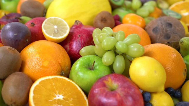 closeup dolly move in 4k many different healthy fresh fruits shallow focus

