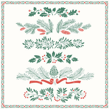 Decorative Floral Christmas Dividers and Borders with Mistletoe Leaves, Fir Branches and Twigs