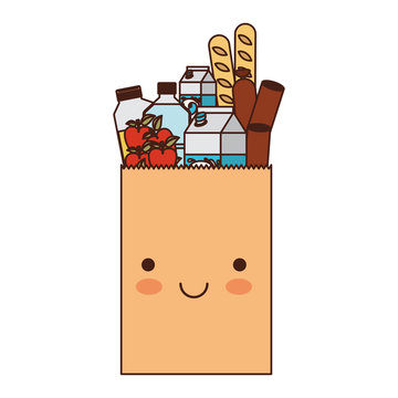 kawaii rectangular paper bag with foods sausage and bread apples and drinks orange juice and water bottle and milk carton in colorful silhouette
