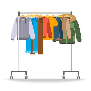 Men casual warm clothes on hanger rack. Flat style vector illustration. Male apparel hanging on shop rolling display stand. Winter and autumn outfit new fashion collection. Seasonal sale concept