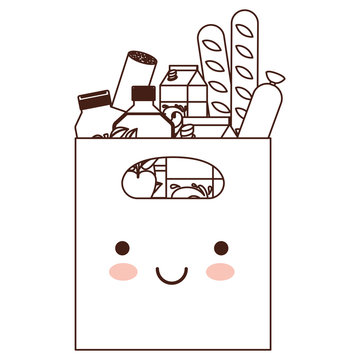 kawaii rectangular paper bag with handle and foods sausage and bread apples and drinks orange juice and water bottle and milk carton in brown silhouette