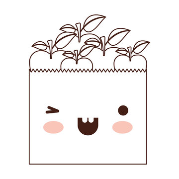 kawaii paper bag with apple fruits in brown silhouette