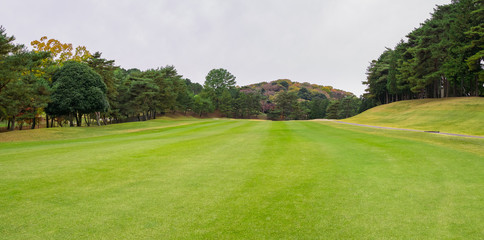Panorama view of Golf Course where the turf is beautiful and green in Ibaraki Prefecture, Japan. Golf is a sport to play on the turf.