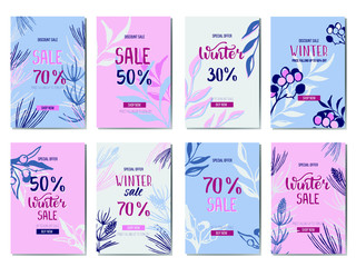 Winter sale. Set of 8 banners on the winter sale and discount. Decorative branches, berries, cones and spruce needles. Pastel and tender colors of blue, pink. For beauty, clothing, children's stores